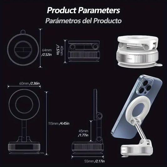 Haiyeasy Magnetic Fulcrum Phone Car Mount (สีขาว) - พับได้และเก็บได้ | ใช้งานได้กับ iPhone, Samsung และสมาร์ทโฟนทุกรุ่น | เหมาะสำหรับรถยนต์ ห้องอาบน้ำ โรงยิม และพื้นผิวเรียบ